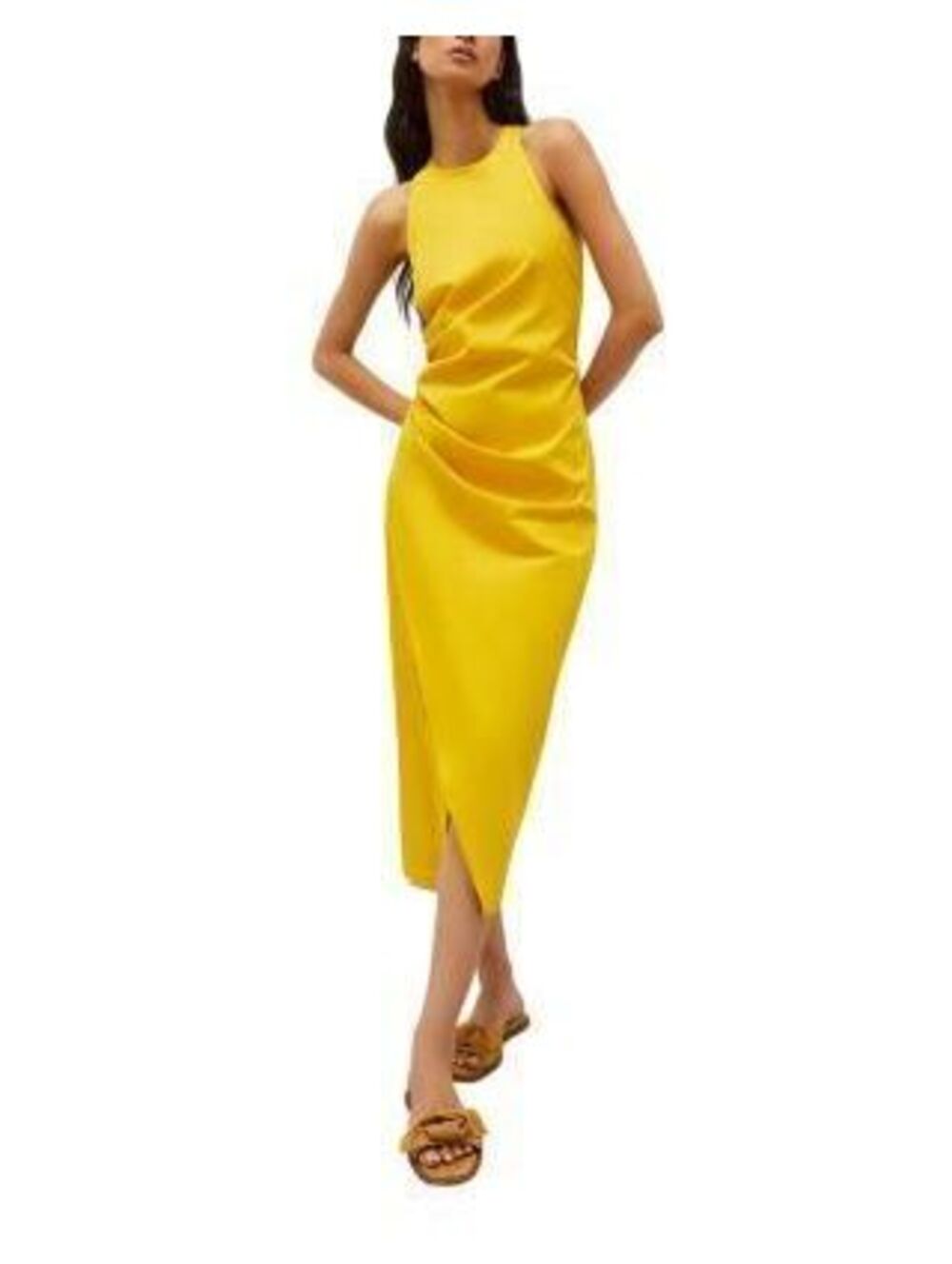 Yellow Sleeveless Midi Dress with Halter Neck